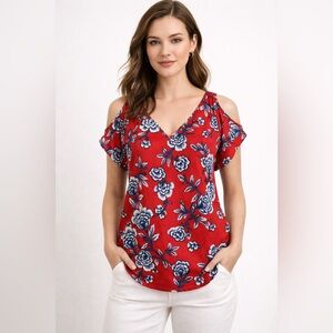 Express blouse, V-neck Short Sleeve, Red Floral, Womens S